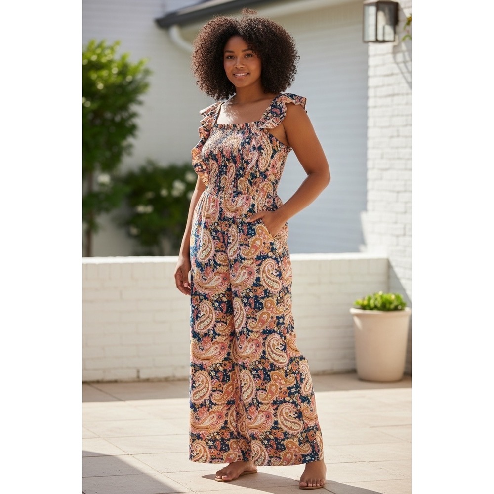 Chic Soul Womens 3X Paisley Smocked Wide Leg Jumpsuit Ruffle Strap Multi